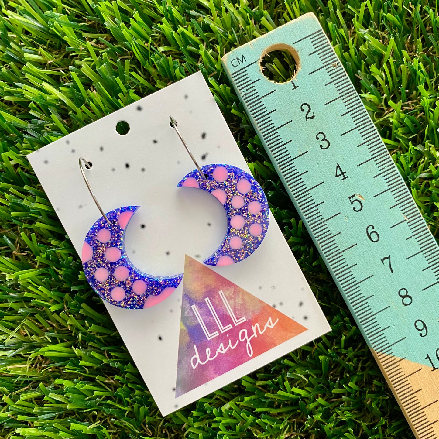 ON SALE!!!! Resin Earrings - Polka Dotted Galaxy Purple Moons in Large Featuring a Silver Hoop!