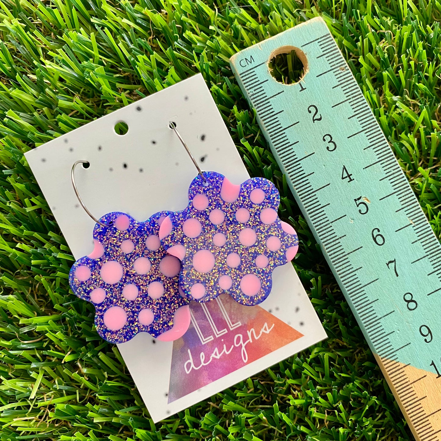 ON SALE!!!! Resin Earrings - Polka Dotted Galaxy Purple Flowers in Large Featuring a Silver Hoop! (1)