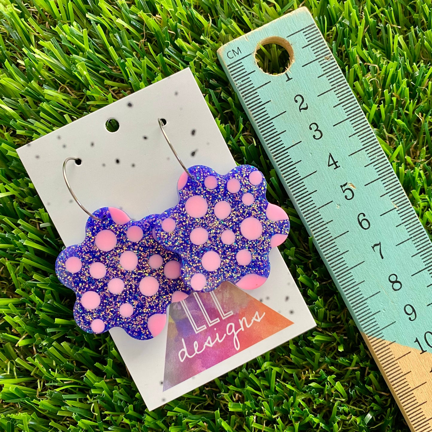 ON SALE!!! Resin Earrings - Polka Dotted Galaxy Purple Flowers in Large Featuring a Silver Hoop! (2)
