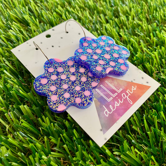 ON SALE!!!!! Resin Earrings - Polka Dotted Galaxy Purple Flowers in Large Featuring a Silver Hoop! (3)