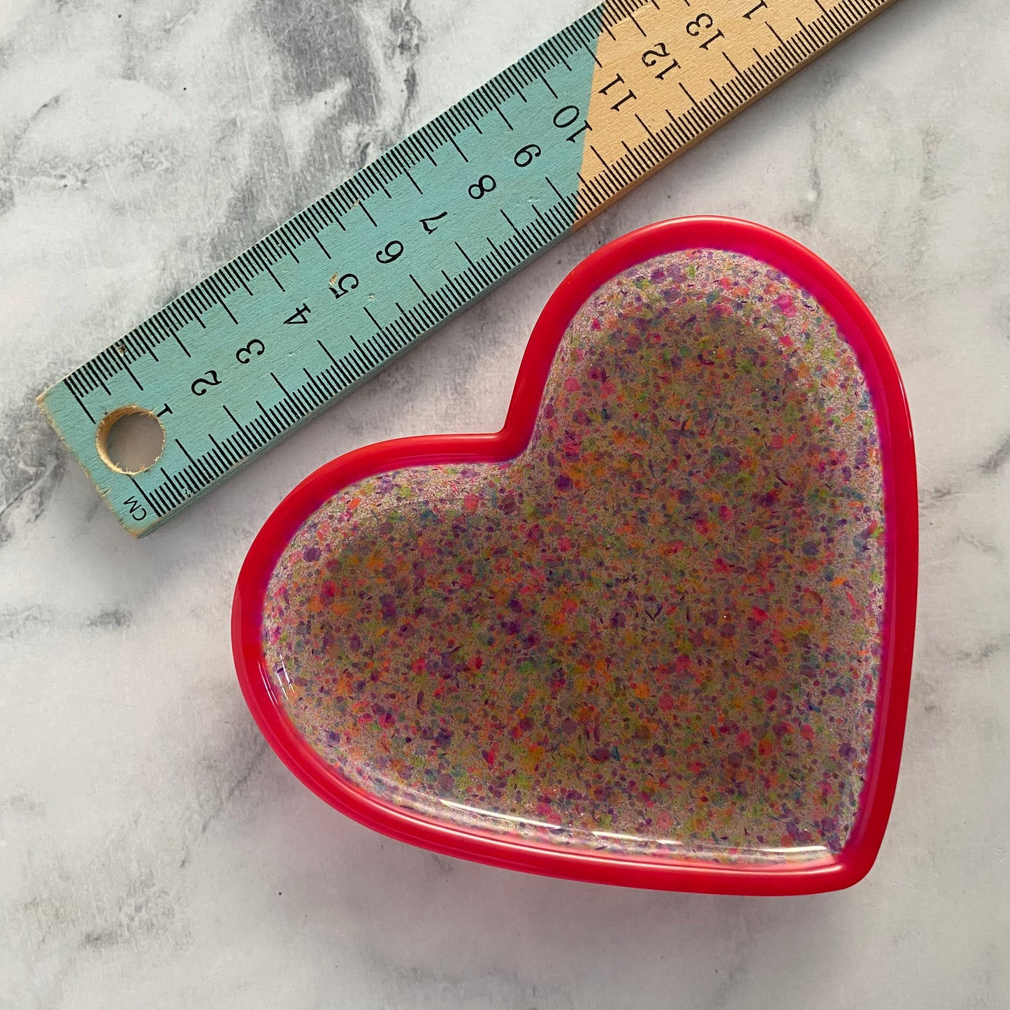 Resin Heart Tray - Two Tone Rainbow Confetti featuring a Rainbow Confetti Base and Bright Pink Border! Brighten Up Your Life with this Bold and Fun Piece!