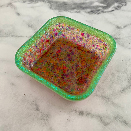 Resin Square Dish - Two Tone Rainbow Confetti featuring a Rainbow Confetti Base and Glitter Green Border! Brighten Up Your Life with this Bold and Fun Piece!