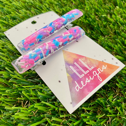 Handmade Resin Hair Clip - Clear Sprinkle Hair Clip Pair Featuring a Squared Edge!