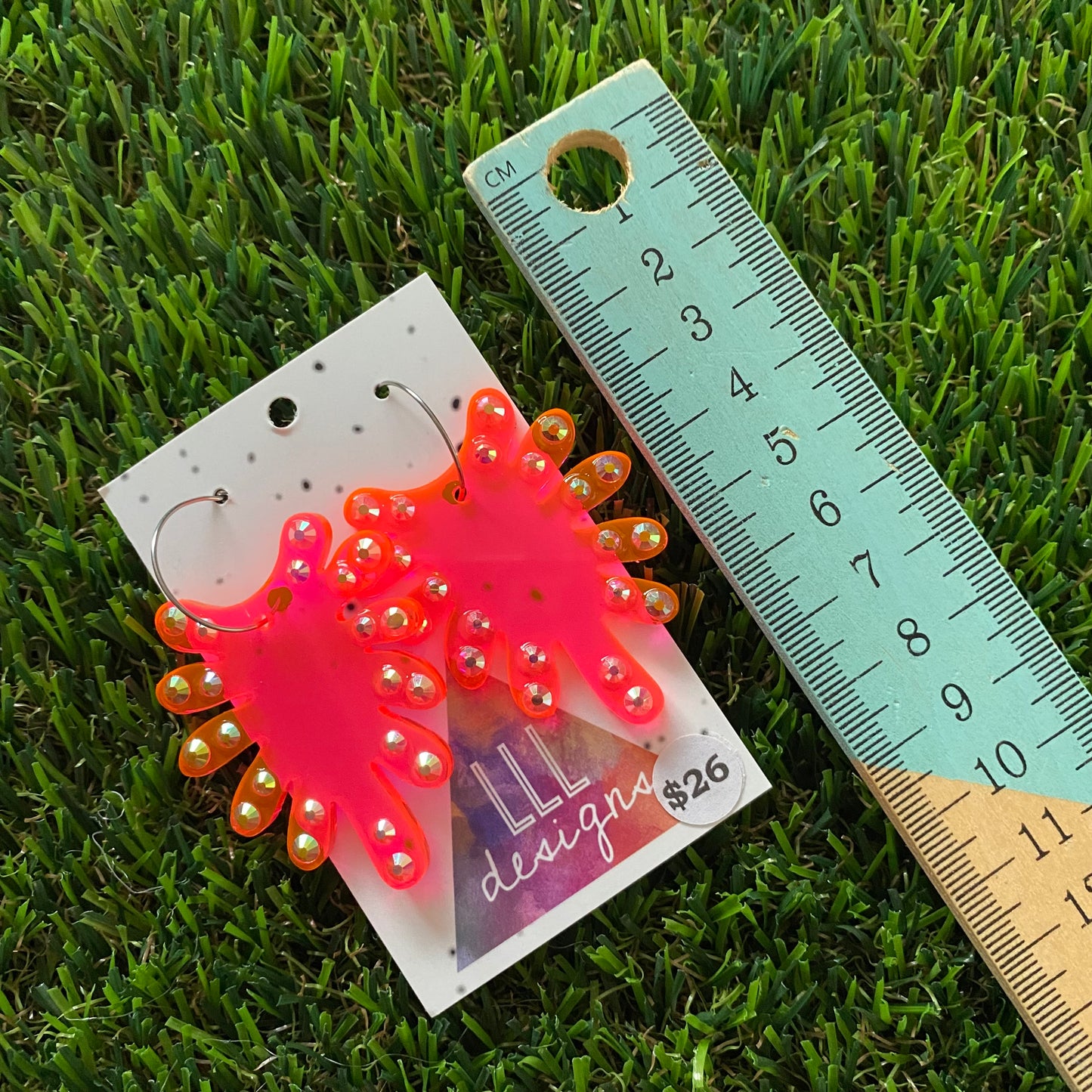 Rhinestone Earrings - Neon Glow Red ShowGirl Rhinestones Hoop Statement Dangles! Holographic Rhinestones that give of all the FAB colours BABY!!!!!!