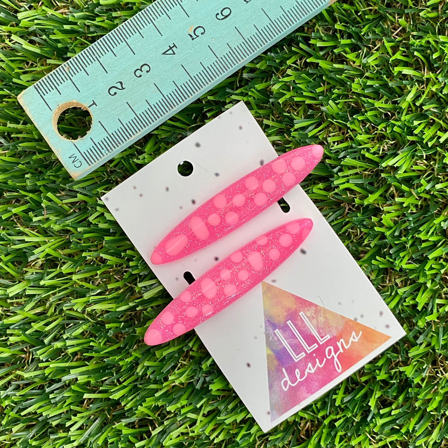 Handmade Resin Hair Clip - Glitter Pink Hair Clip Pair Featuring Pink Polka Dots and a Rounded Edge!