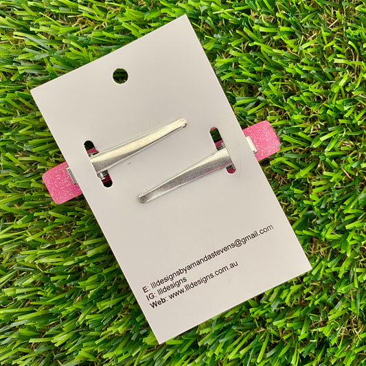 Handmade Resin Hair Clip - Glitter Pink Hair Clip Pair Featuring Purple Polka Dots and a Squared Edge!