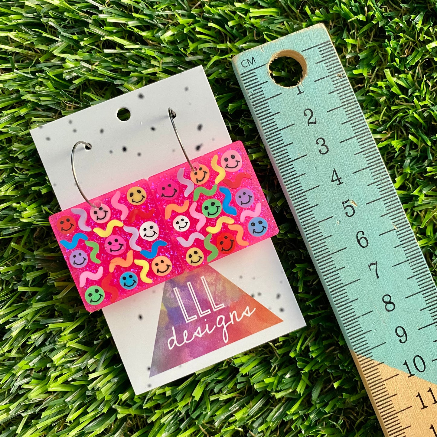 ON SALE!!! Resin Earrings - Glitter Neon Pink Square Hoops Featuring Hand Placed Rainbow Smiley Faces and Squiggles!