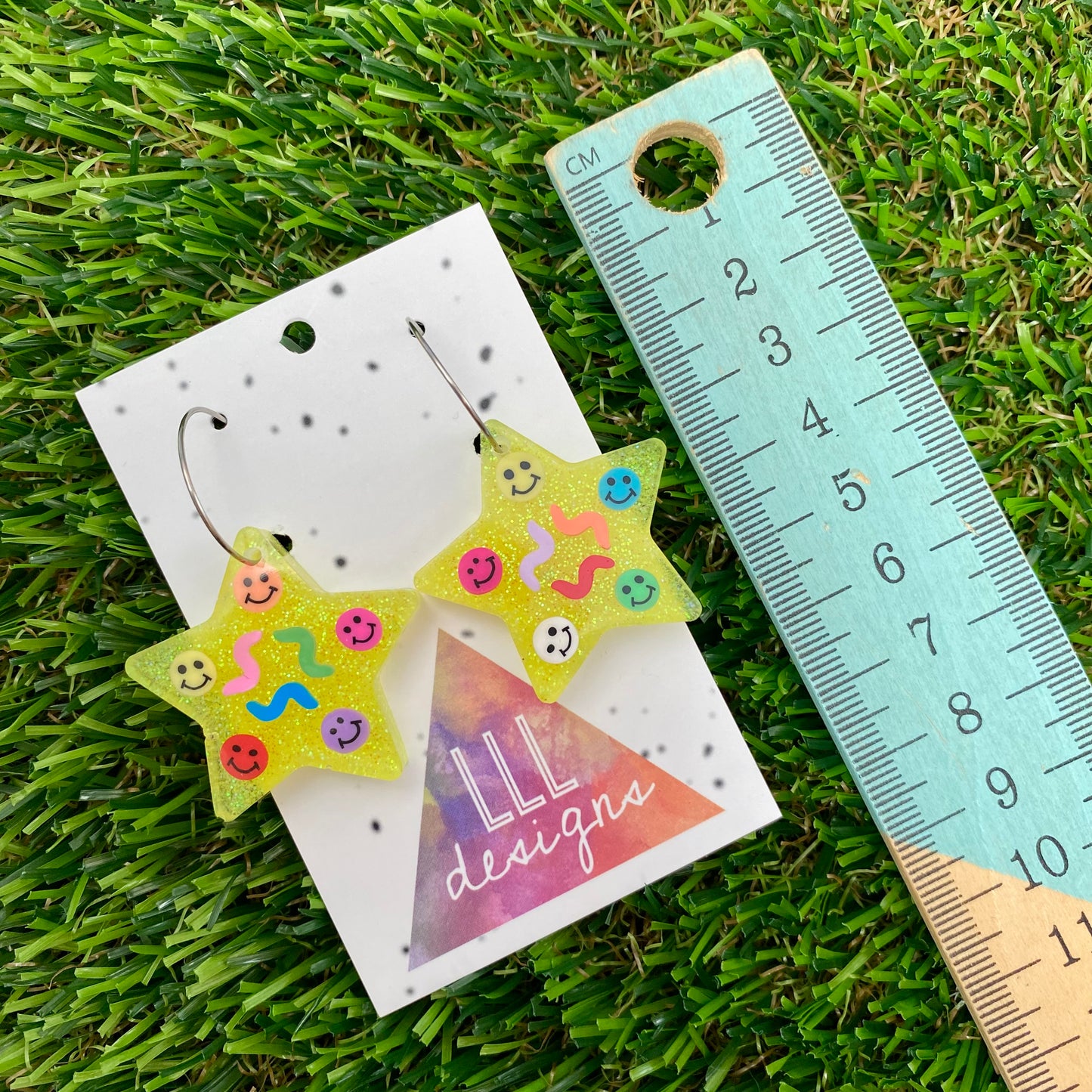 ON SALE!!!! Resin Earrings - Glitter Neon Yellow Star Hoops Featuring Hand Placed Rainbow Smiley Faces and Squiggles!