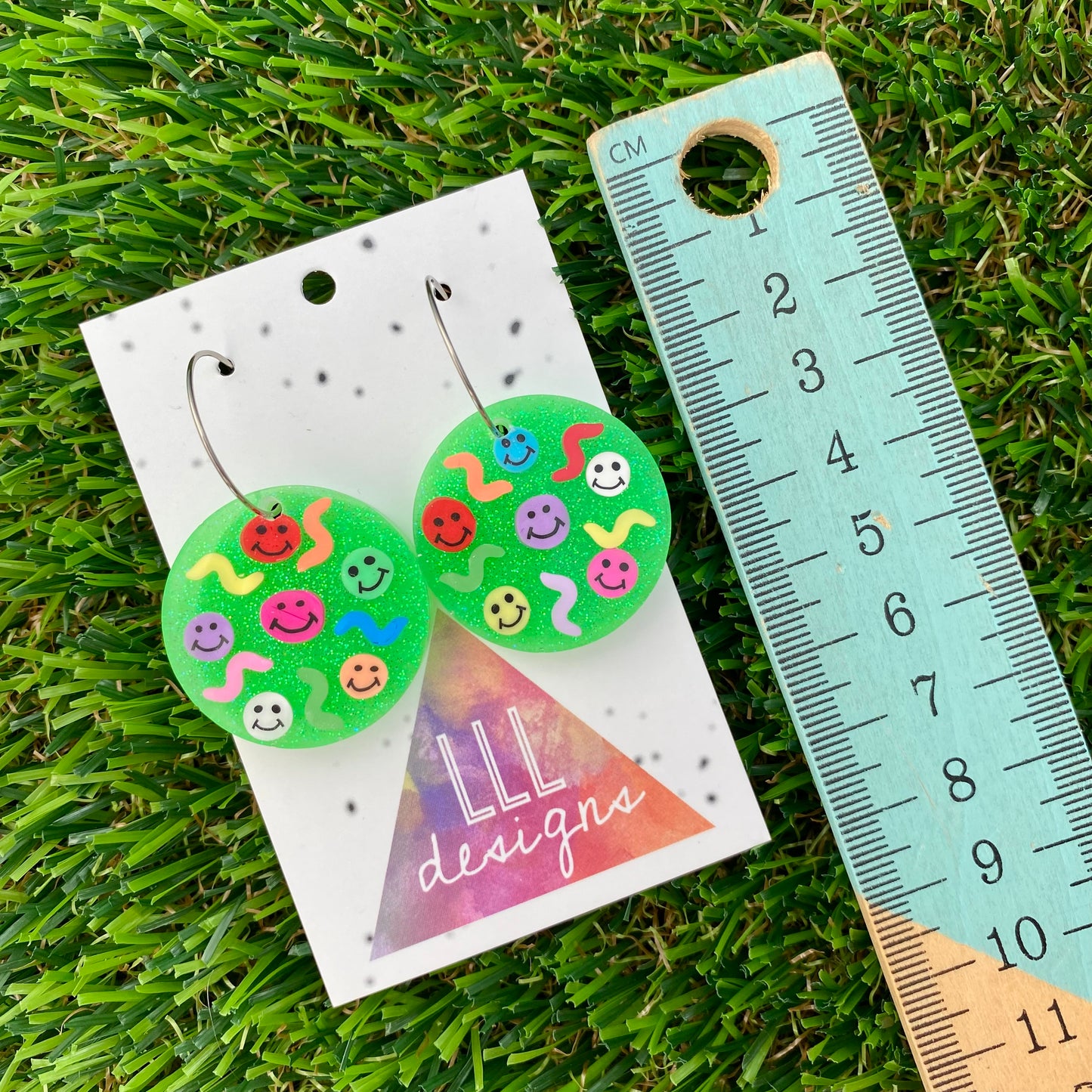 ON SALE!!!!! Resin Earrings - Glitter Neon Green Circle Hoops Featuring Hand Placed Rainbow Smiley Faces and Squiggles!