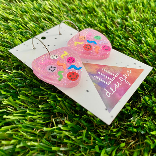 ON SALE!!!!! Resin Earrings - Glitter Pastel Pink Guitar Pick Hoops Featuring Hand Placed Rainbow Smiley Faces and Squiggles!