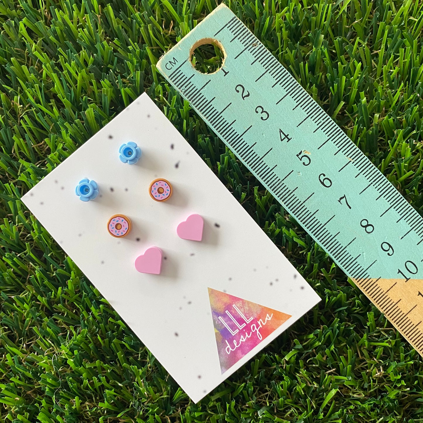 Earring Sets -#1 Donuts + Pastel Pink Hearts + Baby Blue Flowers - Three Sets of Studs, Super Great Value and So A-DOUGH-RABLE!