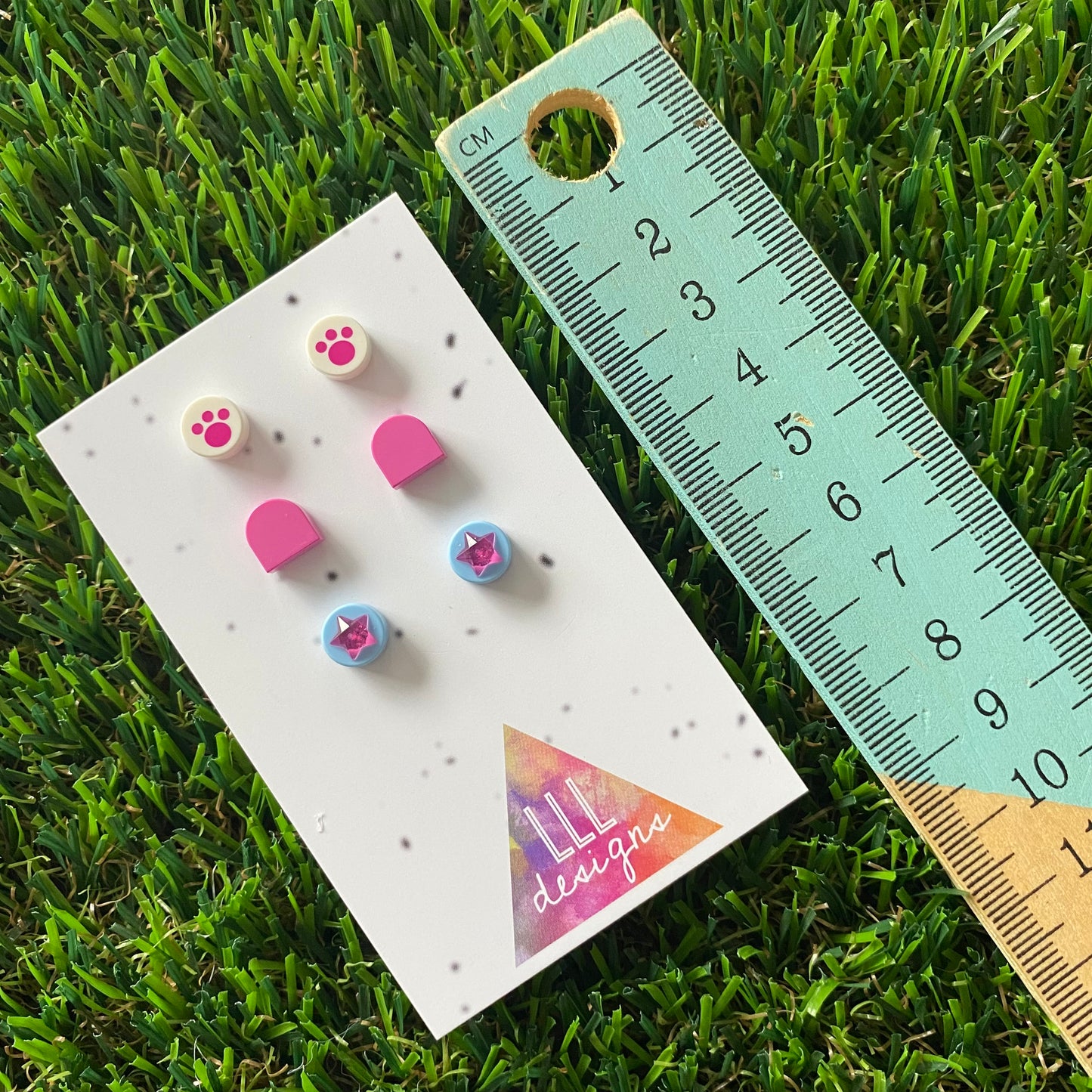 Earring Sets -#5 Printed Paws + Purple Arches + Crystal Pink Stars - Three Sets of Studs, its PAW-some!