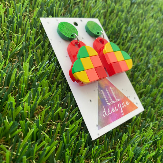 Tile Heart Earrings - #4 Bold Statement Colors with a Pop of Neon Pink - featuring a Glitter Green Stud for extra SPARKLE!