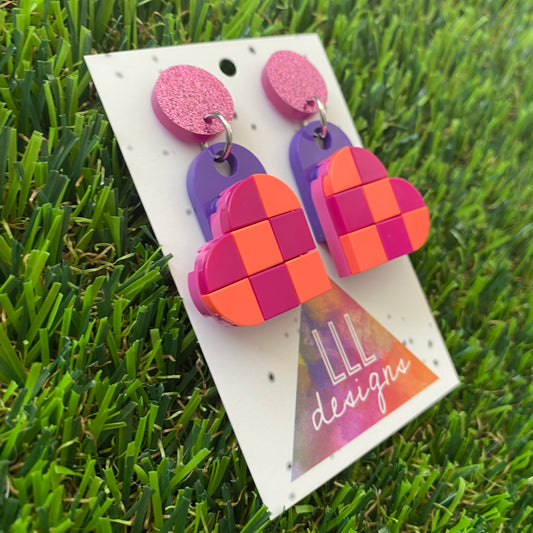 Tile Heart Earrings - #5 Electric Purple and Neon Pink Checker Board Vibe Earrings - Featuring a Glitzy Purple Stud to make a Statement!