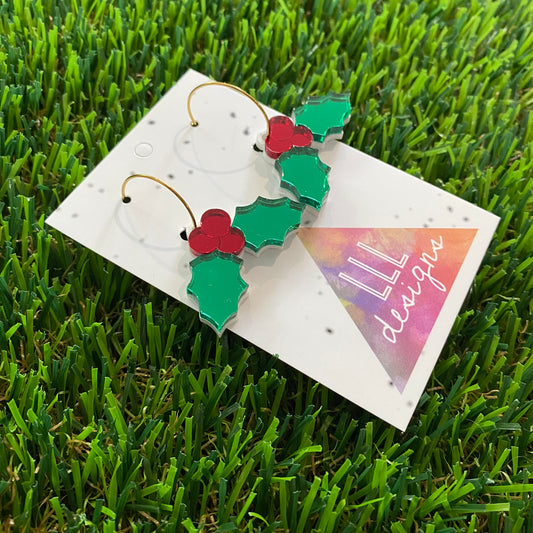 Holly Earrings - Festive Mirrored Holly Gold Hoops.