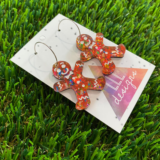 Gingerbread Men Earrings - Red Gingerbread People with Silver Hoops!
