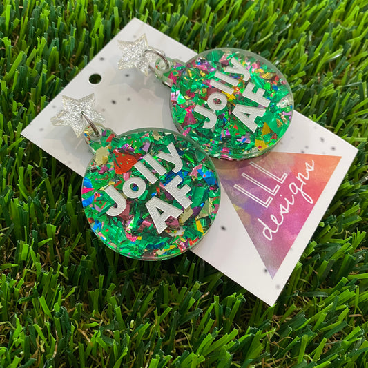 Jolly AF Statement Dangle Earrings in Green Tone and Rainbow Glitter Featuring Silver Star Tops.