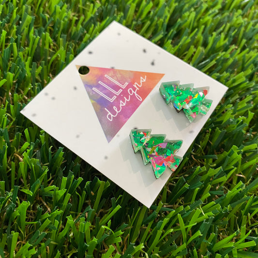 Green Metallic Glitz Christmas Tree Statement Stud Earrings (Lge)