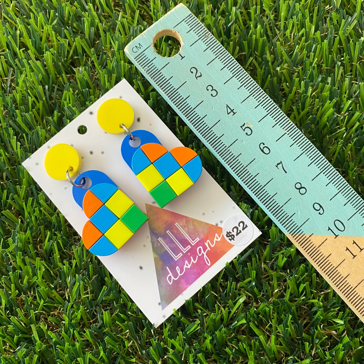 Tile Heart Earrings - #7 Bold Statement Colors with a POP of yellow - these feature a yellow stud and are so Playful!