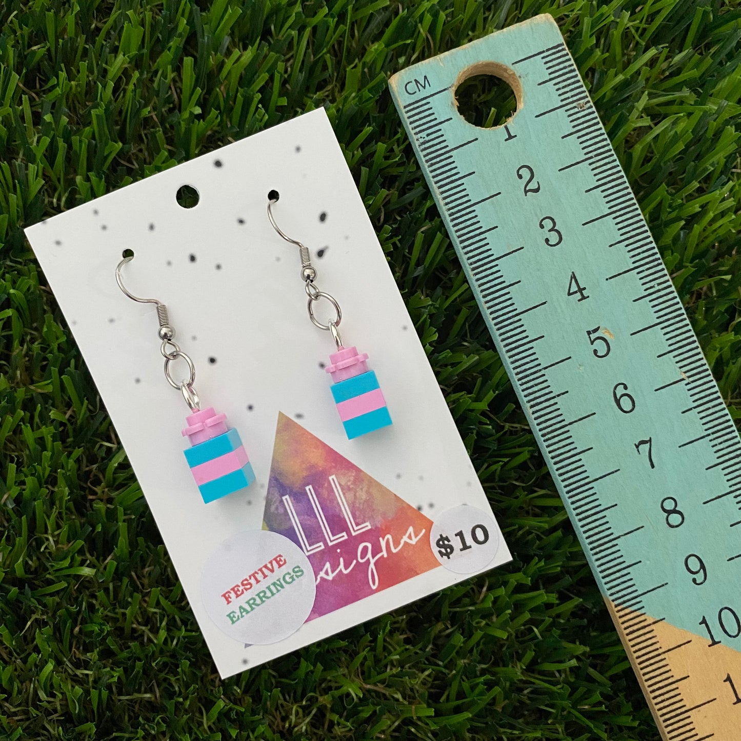 Christmas Brick Dangle Earrings- Pink and Blue Brick Dangle Present Earrings on Surgical Stainless Steel Hooks.