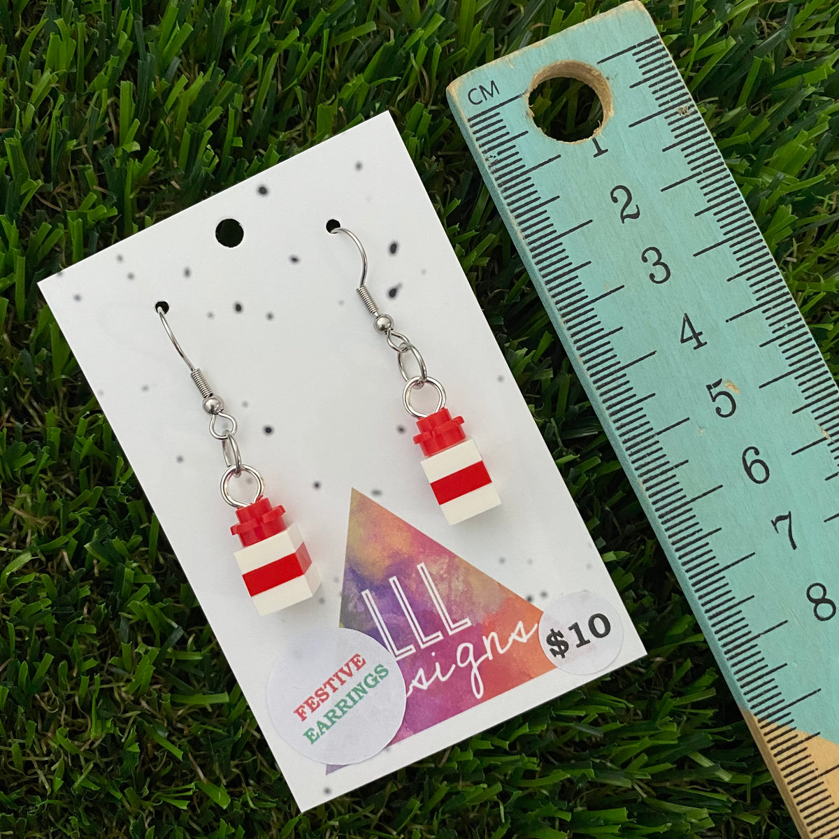Christmas Brick Dangle Earrings- Red and White Brick Dangle Present Earrings on Surgical Stainless Steel Hooks