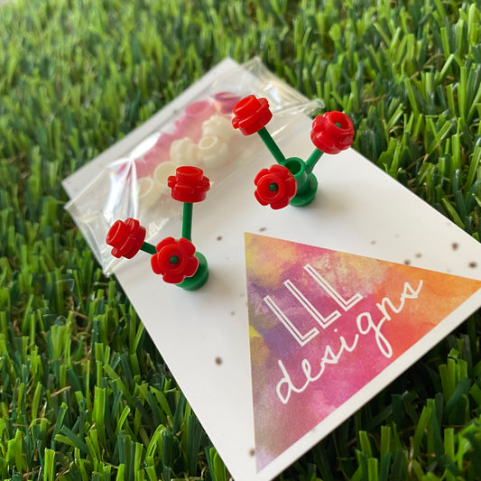 Mini Blooming Stud Earrings - #6 Three Vibrant Red Flowers with Twelve Additional Pink and White Flowers - These are ELEGANT!