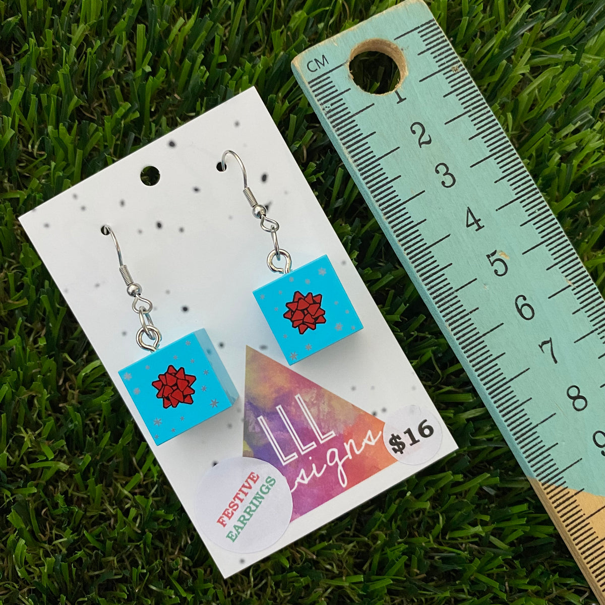Christmas Brick Earrings - Blue and Red Shaker Gift Box Dangle Earrings- on Surgical Stainless Steel Hooks
