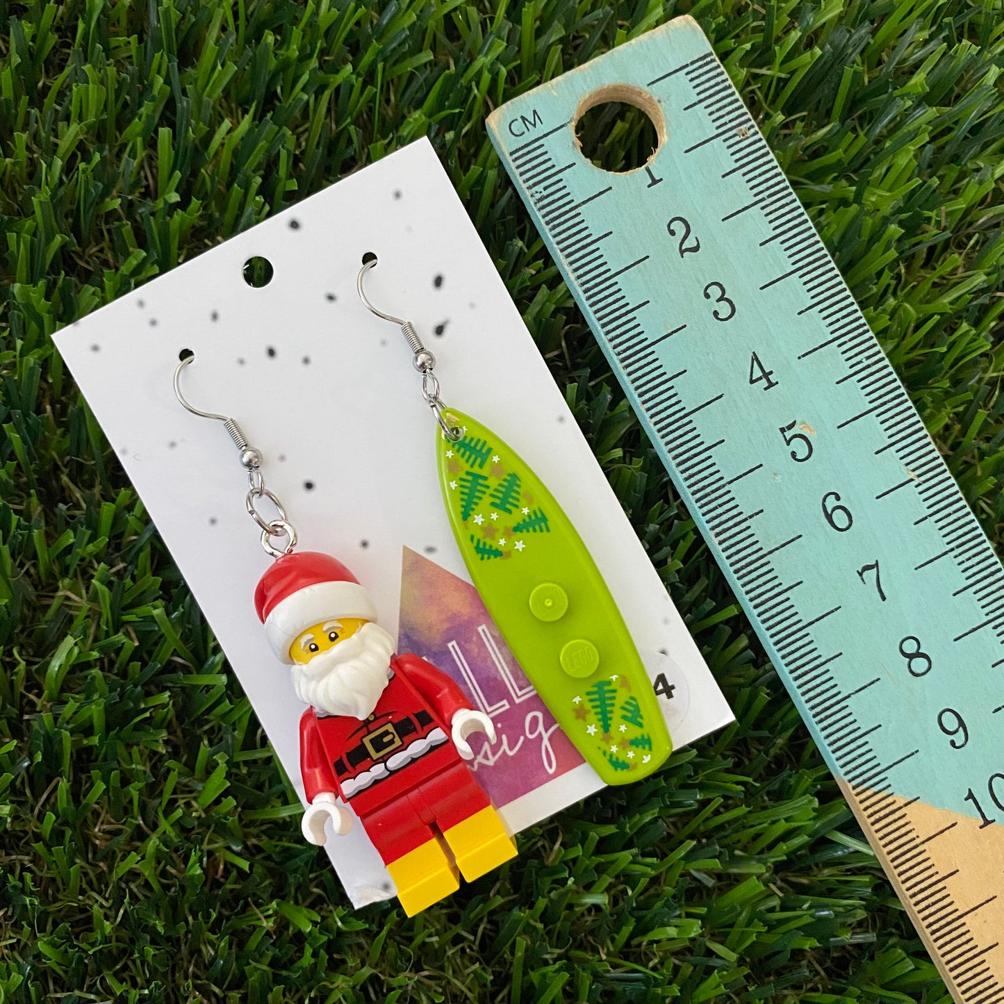 Santa Christmas Brick Earrings- Surfing Santa Festive Earrings, Featuring Surgical Stainless Steel Hooks!