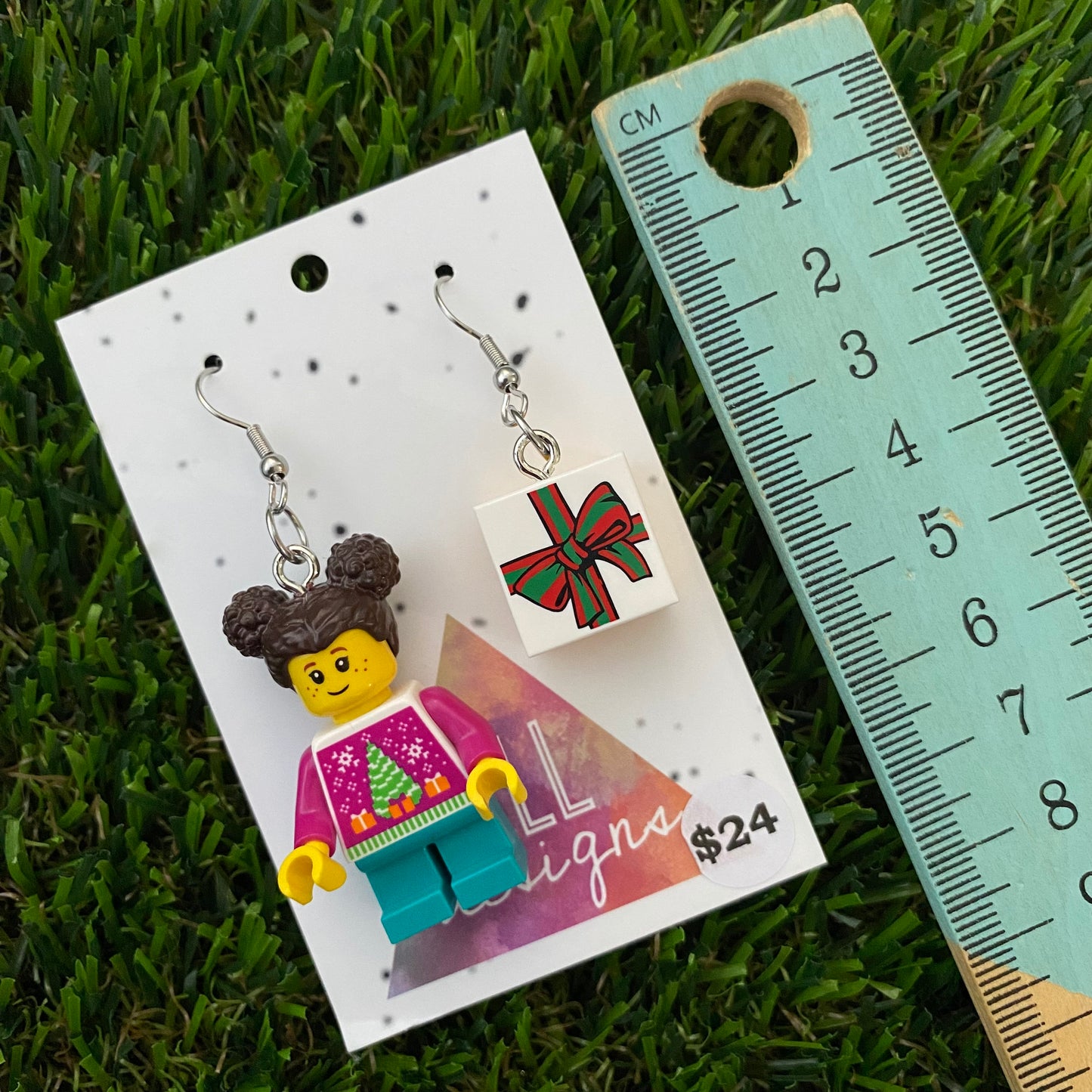 Christmas Gift Girl Brick Earrings - Christmas Present and Girl Dangle Earrings, Featuring Surgical Stainless Steel Hooks