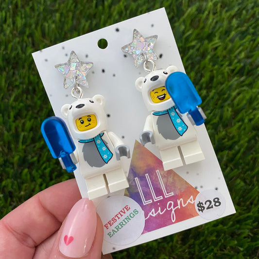 Polar Bear Christmas Brick Earrings - Festive Polar Bear Costume Dangle Earrings, Featuring Glitzy Silver Star Tops.