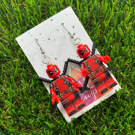 Brick Person Earrings - #26 Red and Black Super Hero Earrings with Doggo Sidekick Matching Earrings - Earring Set