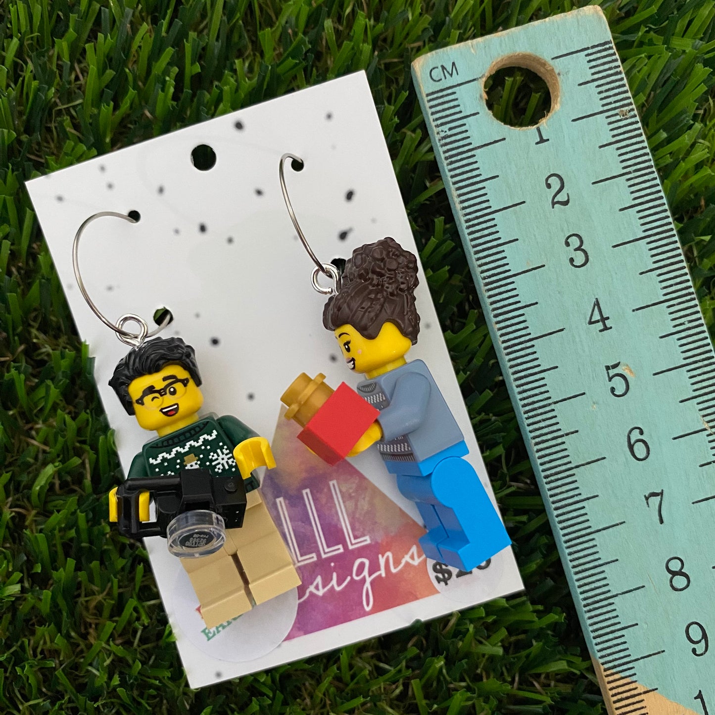 Christmas Gift Partners Brick Earrings- Seasonal Couple with Camera and Present Dangle Earrings, Featured on Surgical Stainless Steel Hoops.
