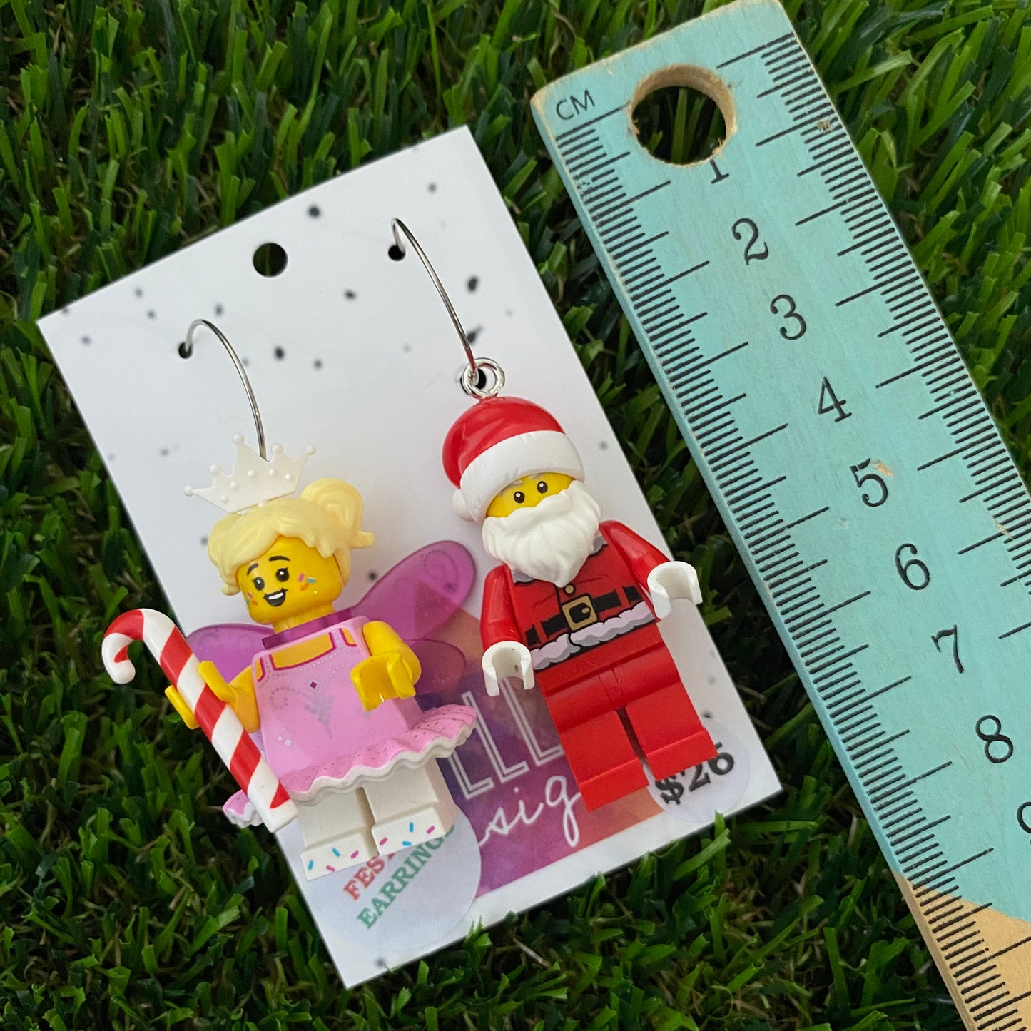 Candy Cane Fairy Princess and Santa Brick Earrings- Christmas Dangle Earrings, Featured on Surgical Stainless Steel Hoops.