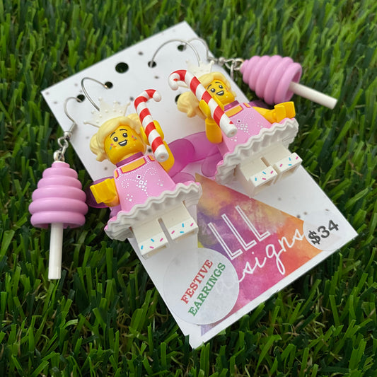 Christmas Fairy Earrings - Candy Cane Christmas Fairy Brick Earrings, on Surgical Stainless Steel Hoops- Christmas Dangle Earrings including second pair of Fairy Floss Hook Earrings as a Special Extra!!!