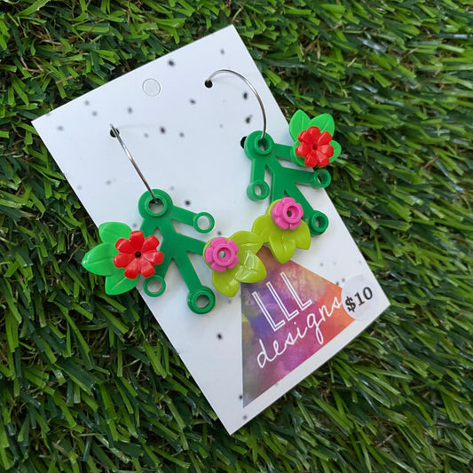 Floral Earrings - #7 Medium Botanical Hoop Dangle Earrings - Green Leaves Featuring Pops of Pink + Red Flowers.