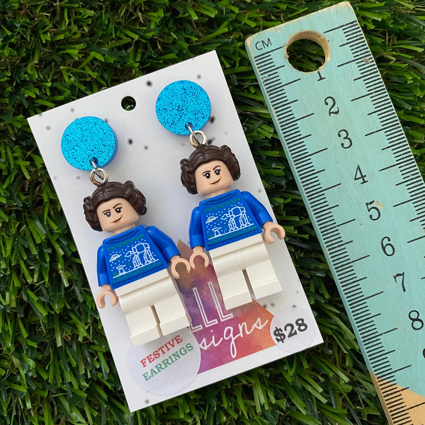 Christmas Star Space Princess Earrings- Festive Christmas Sweater Space Princess Dangle Earrings, Featuring Glitzy Blue Tops