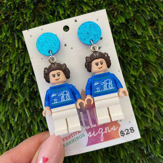 Christmas Star Space Princess Earrings- Festive Christmas Sweater Space Princess Dangle Earrings, Featuring Glitzy Blue Tops