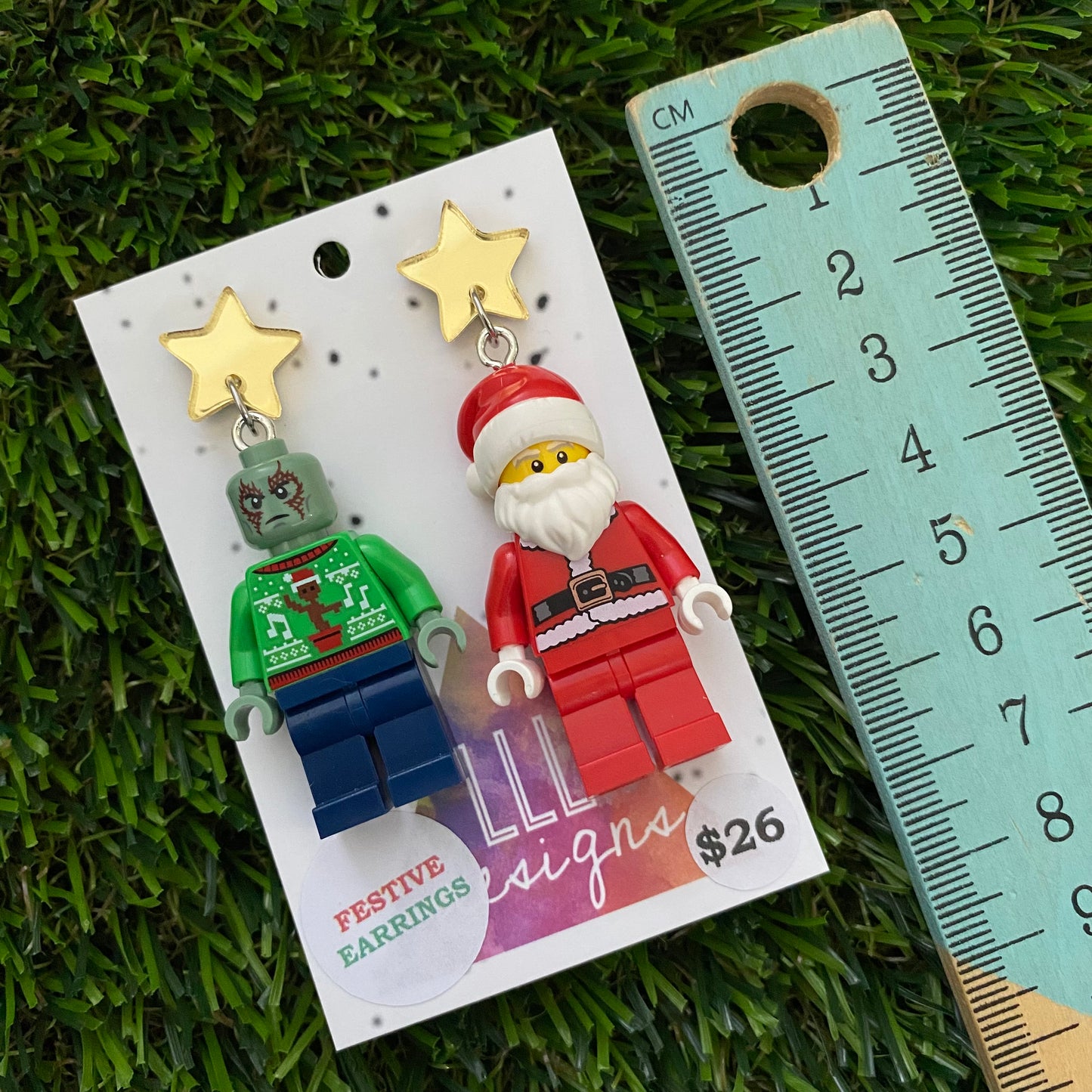 Christmas Galactic Hero and Santa Earrings- Galactic Hero and Santa Christmas Dangle Earrings, Featuring Festive Gold Mirror Tops.