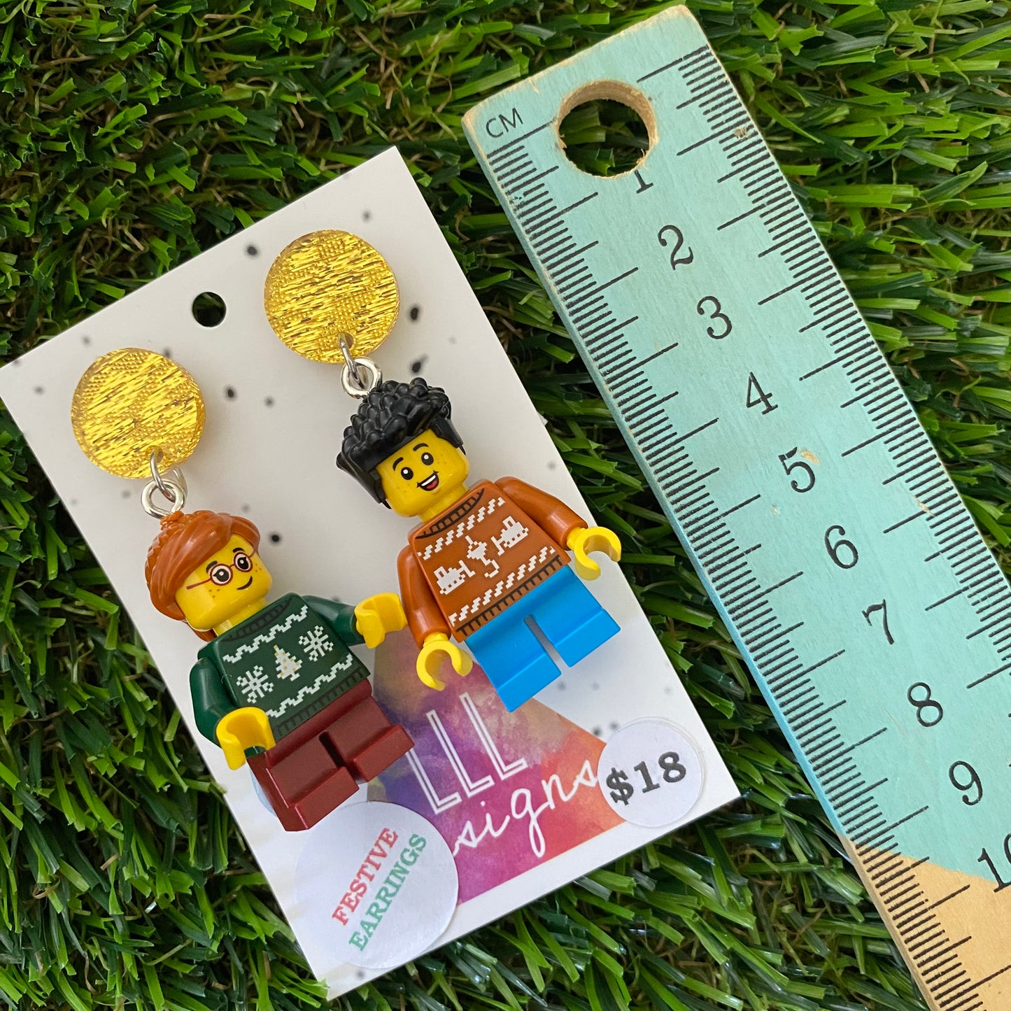 Christmas Kid Brick Earrings- Christmas Sweater Kids Dangle Earrings, Featuring Glitzy Yellow Tops.