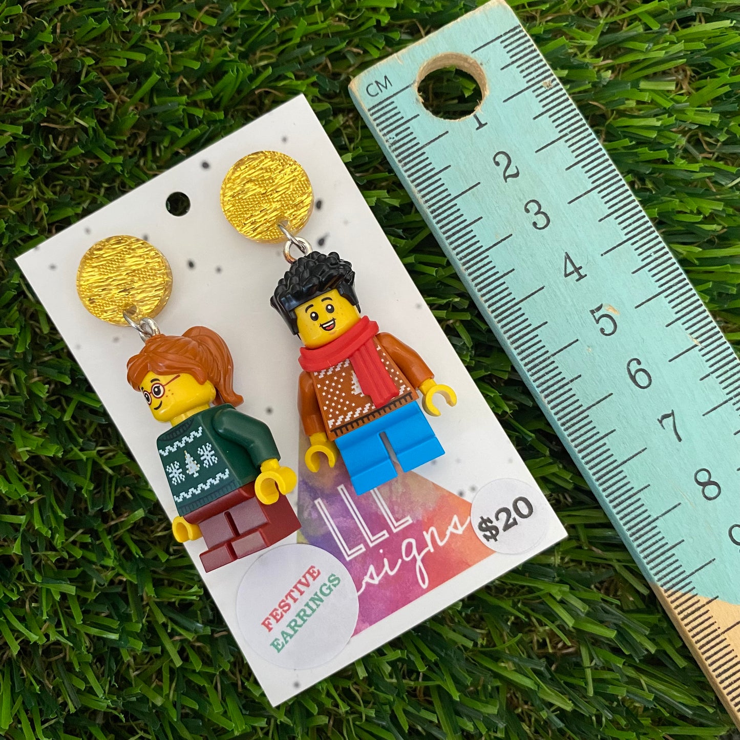 Christmas Sweater Kid Brick Earrings- Festive Christmas Sweater and Winter Scarf Kid Dangle Earrings, Featuring a Glitzy Gold Top.