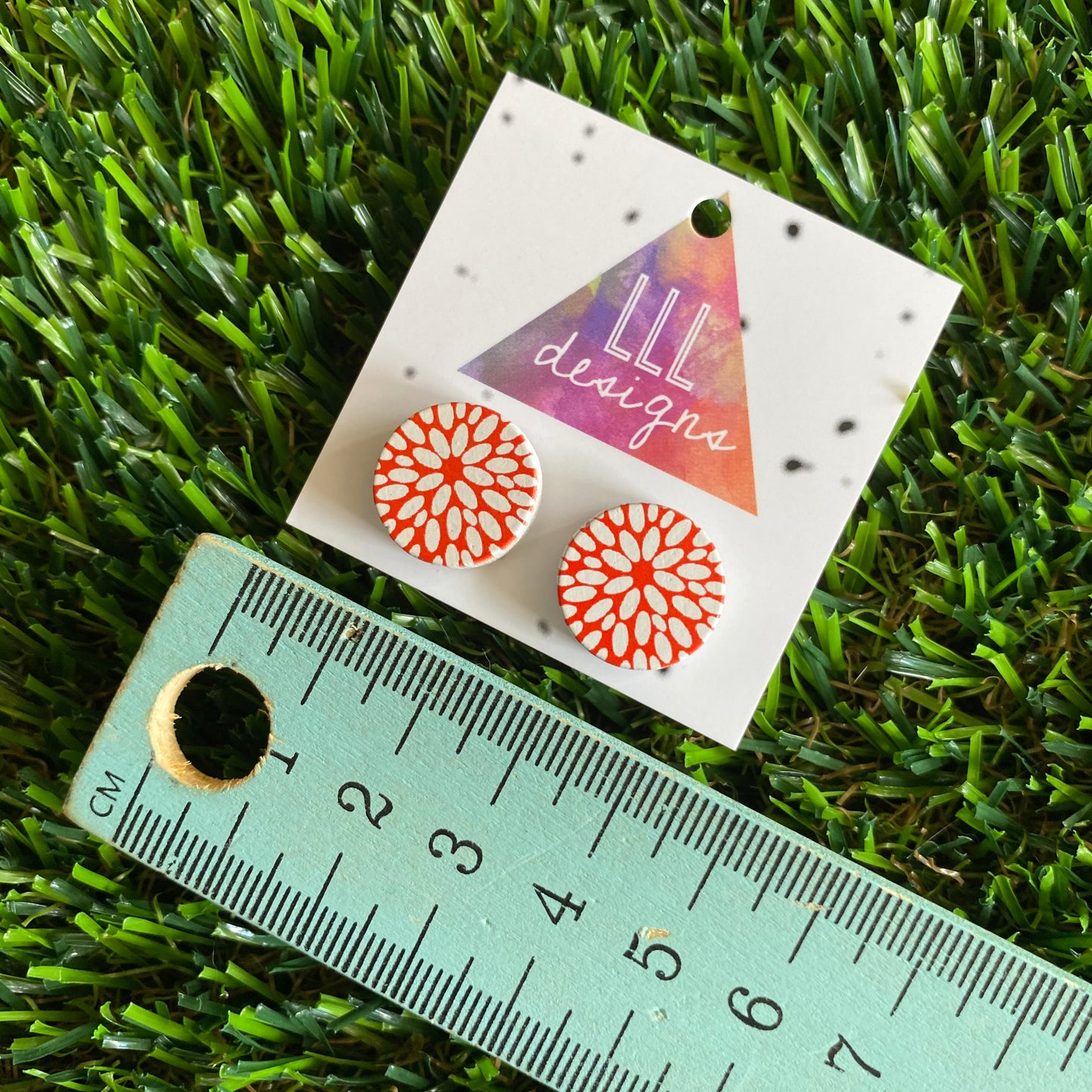 Retro Orange Floral Printed Timber Stud Earrings. (orange/red colour)