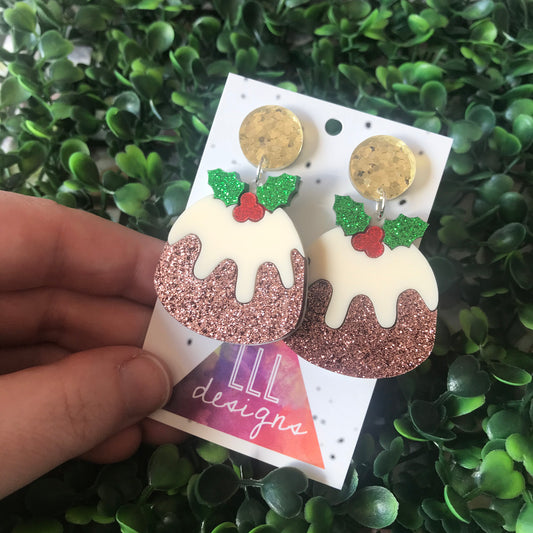 Christmas Pudding Dangle Earrings - Featuring Dazzling Metallic Gold Tops.