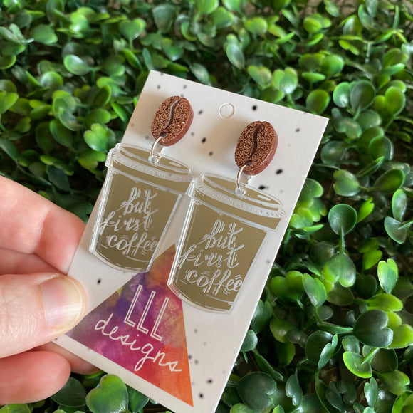 But First Coffee Statement Dangle Earrings Featuring Copper Glitter Coffee Bean Tops to make them POP!