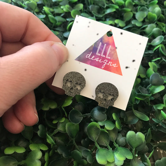 Skull Stud Earrings - Black Glitter Acrylic Earrings.