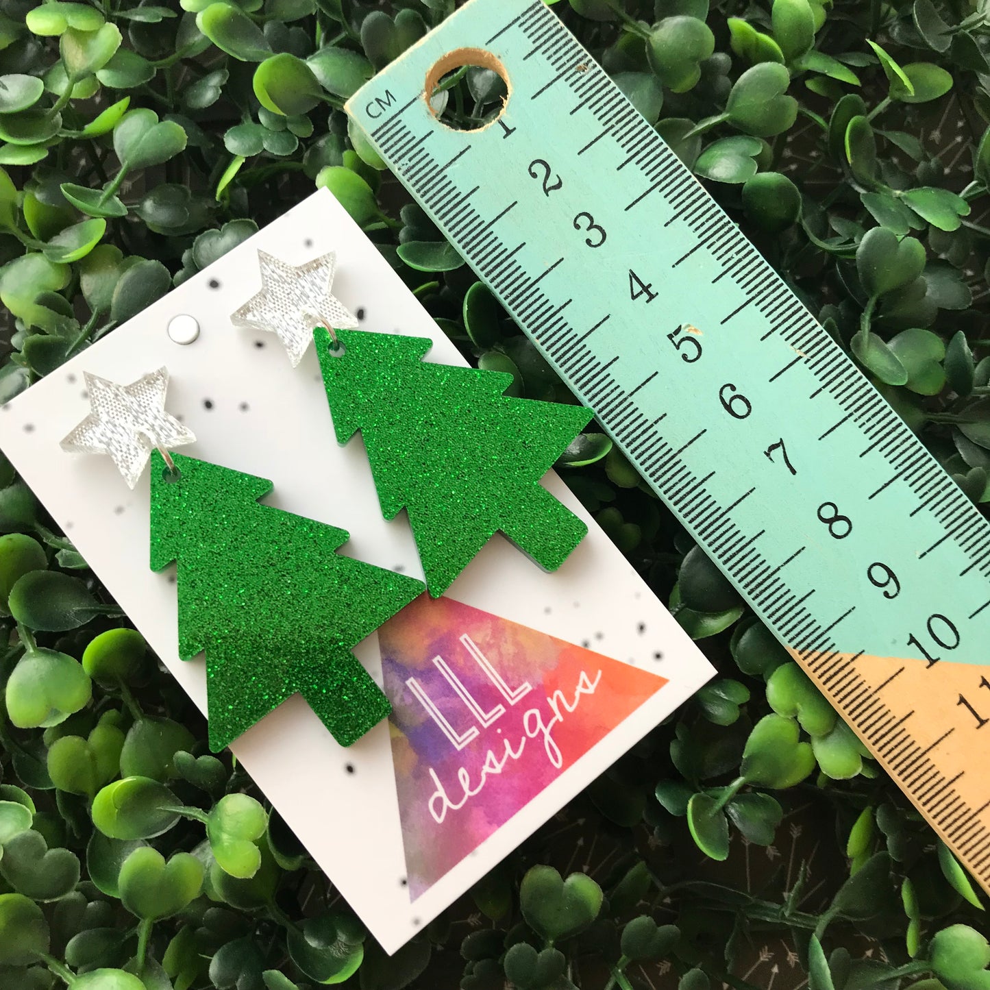 Glitter Green Christmas Tree Statement Dangle Earrings with Silver Star Topper (d/g)