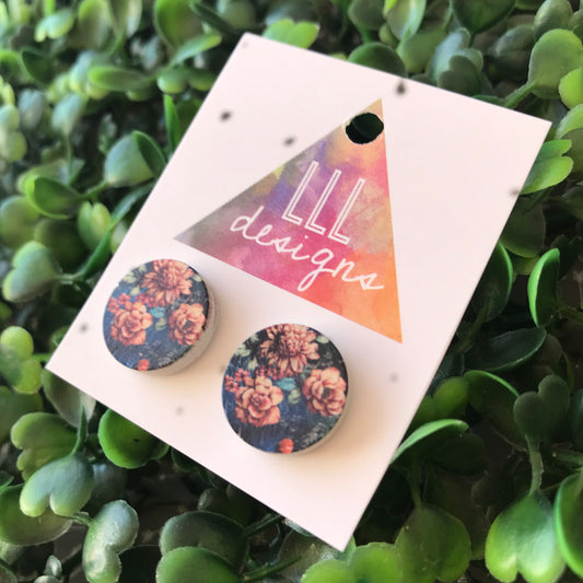 Navy Blue Floral Trio Printed Timber Stud Earrings.