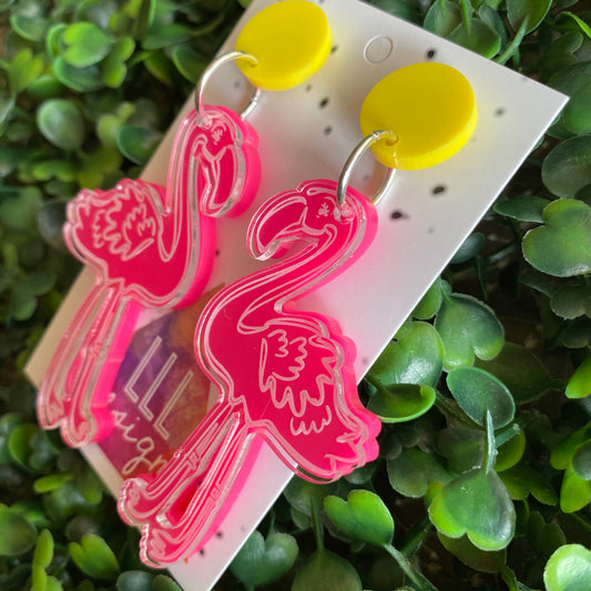 Fancy Flamingo Statement Dangle Earrings. 2 Layers of Acrylic Fabulousness - Neon Pink with Yellow Tops.