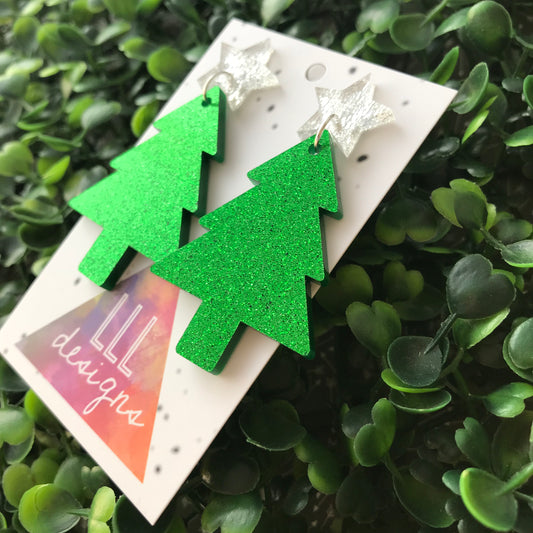 Glitter Green Christmas Tree Statement Dangle Earrings with Silver Star Topper (d/g)