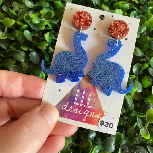 Dinosaour Earrings. Brontosaurus Glitter Blue Statement Dangle Statement Dangle Earrings with Dusty Rose Pink Tops.