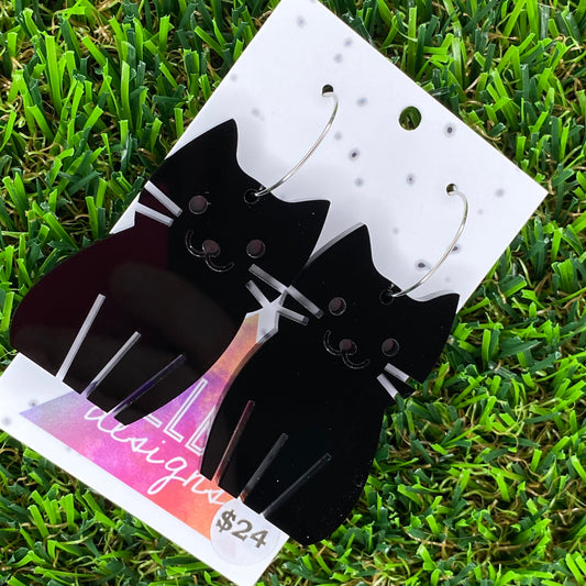 Cat Earrings - Cartoon Kitty Hoop Dangle Earrings - Black Cat Earrings.